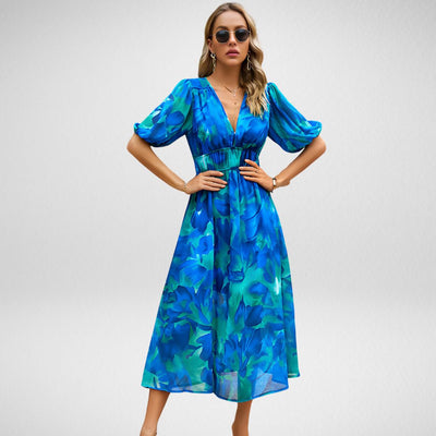 Polyester Blend Dress - V Neck, Puff Sleeves & Extra Length
