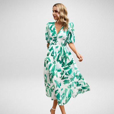 Polyester Blend Dress - V Neck, Puff Sleeves & Extra Length
